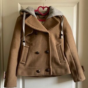 Winter coat Wool Camel Peacoat with removable Hood fits size small tan warm
